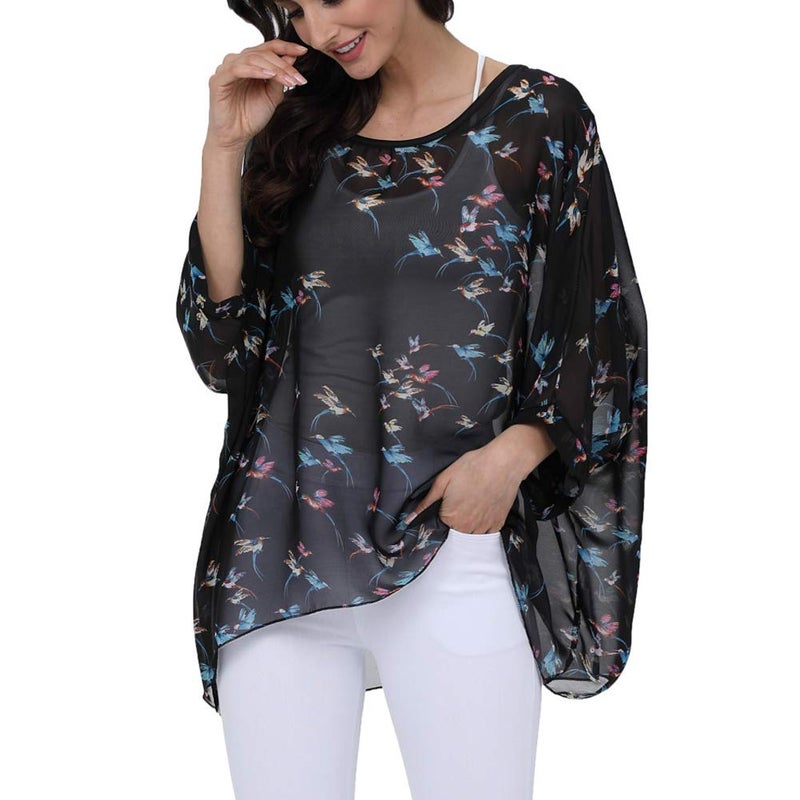 Ckikiou Plus Size Batwing Flowy Semi Sheer Chiffon Blouse Tunic for Women Summer Floral Print Boho Beach Cover ups - Image 4
